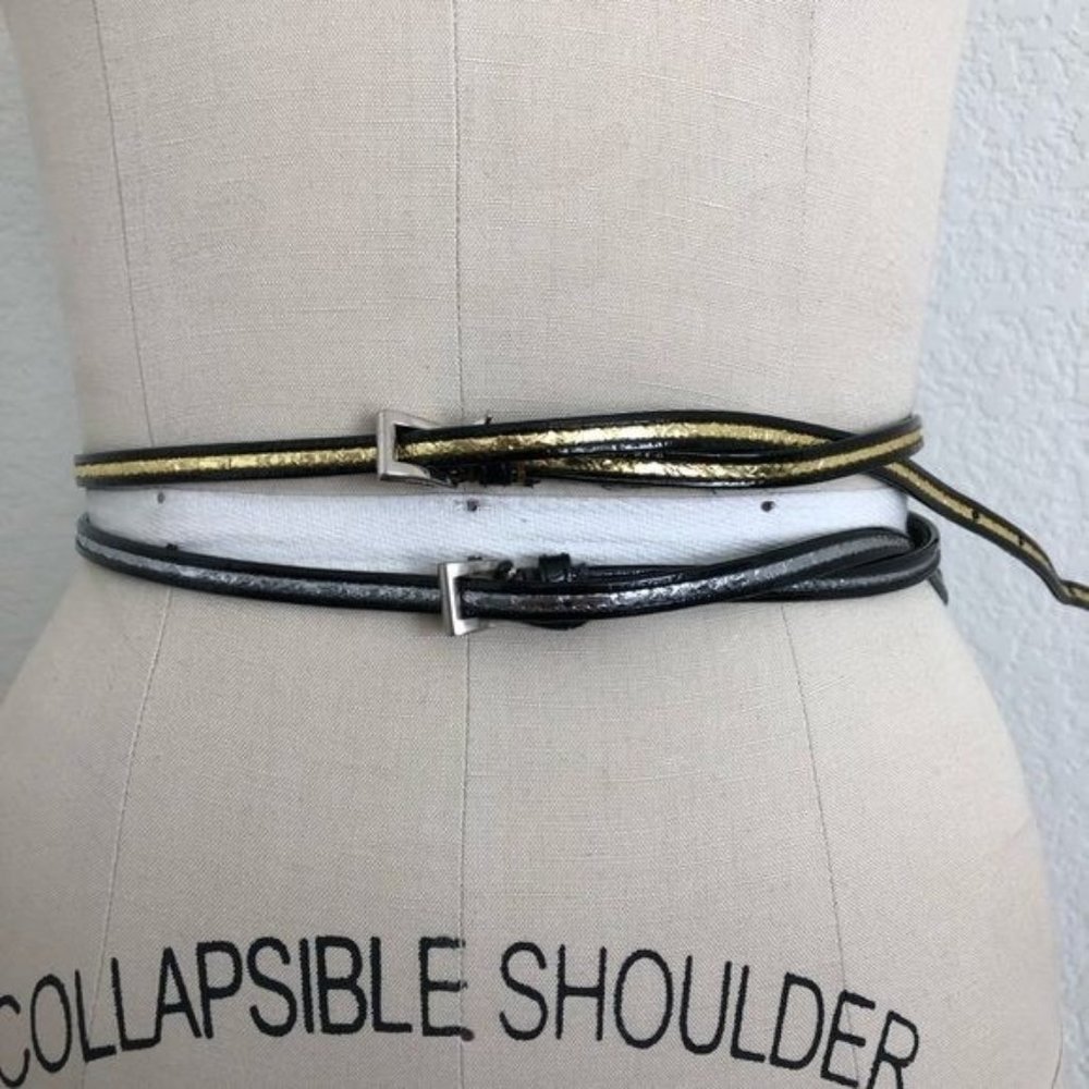 PRADA Gold Patent Leather Button Tab Switch Back Skinny Belt - Picture 1 of 10